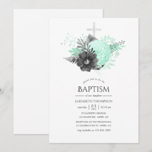 Invitación Bautismo floral rústico de acuarela y carbón