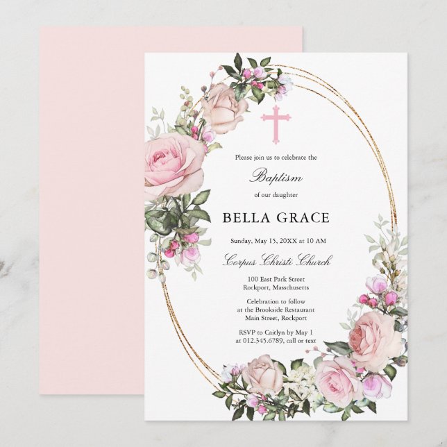 Invitación Bautismo floral Rústico rosa rosa (Anverso / Reverso)