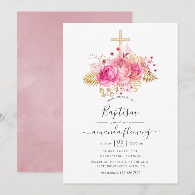 Invitación Bautismo floral tropical rosa y dorado (Anverso / Reverso)