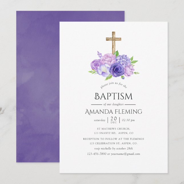 Invitación Bautismo floral ultra violeta o cristianismo (Anverso / Reverso)