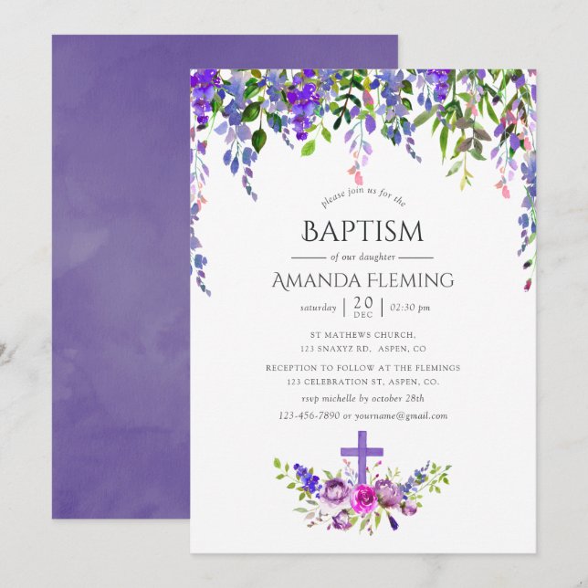 Invitación Bautismo floral ultra violeta o cristianismo (Anverso / Reverso)
