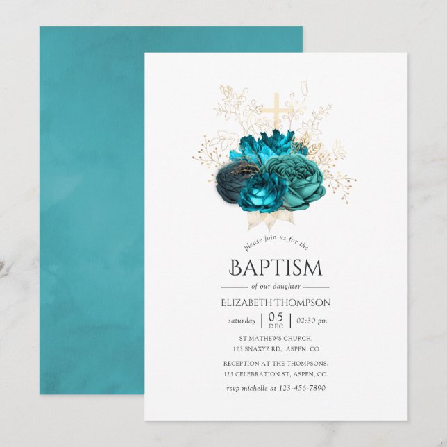 Invitación Bautismo floral verde azulado y dorado (Anverso / Reverso)