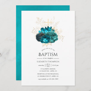 Invitación Bautismo floral verde azulado y dorado