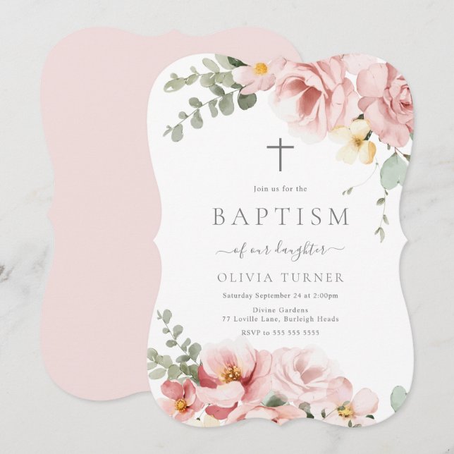 Invitación Bautismo floral verde rosa y sabio de Rubor (Anverso / Reverso)