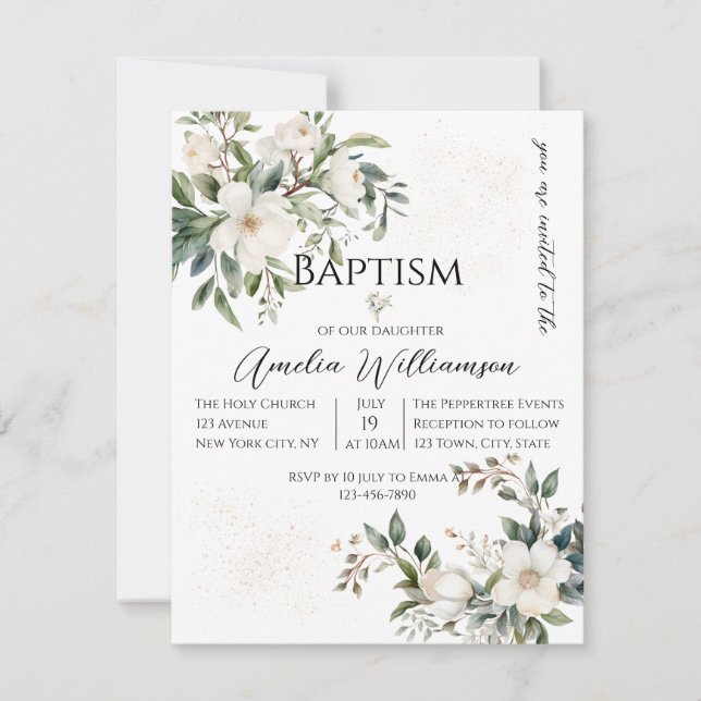 Invitación Bautismo floral verde sabio (Anverso)