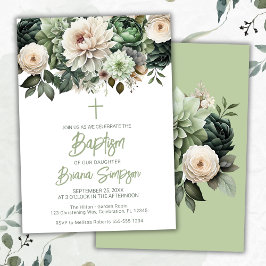Invitación Bautismo floral verde sabio