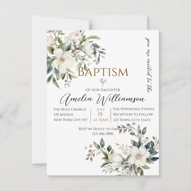 Invitación Bautismo floral verde sabio (Anverso)