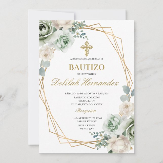 Invitación Bautismo floral verde sabio español (Anverso)
