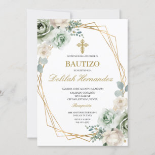Invitación Bautismo floral verde sabio español