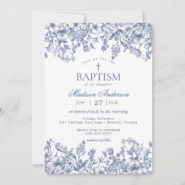 Invitación Bautismo Floral Vintage Chinoiserie Azul