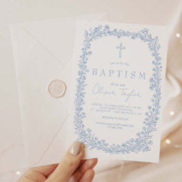 Invitación Bautismo Floral Vintage Toile Azul Claro
