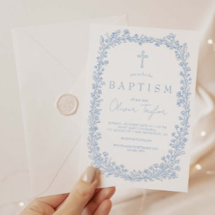 Invitación Bautismo Floral Vintage Toile Azul Claro