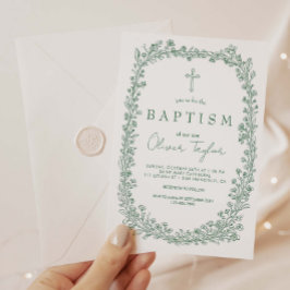 Invitación Bautismo Floral Vintage Toile Verde