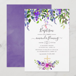 Invitación Bautismo floral violeta acuarela