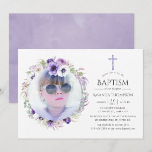 Invitación Bautismo floral violeta y turbio