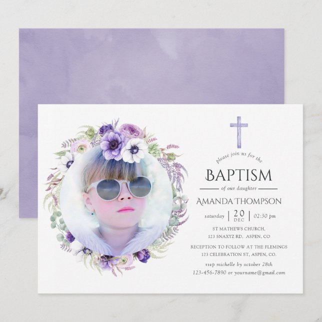 Invitación Bautismo floral violeta y turbio (Anverso / Reverso)