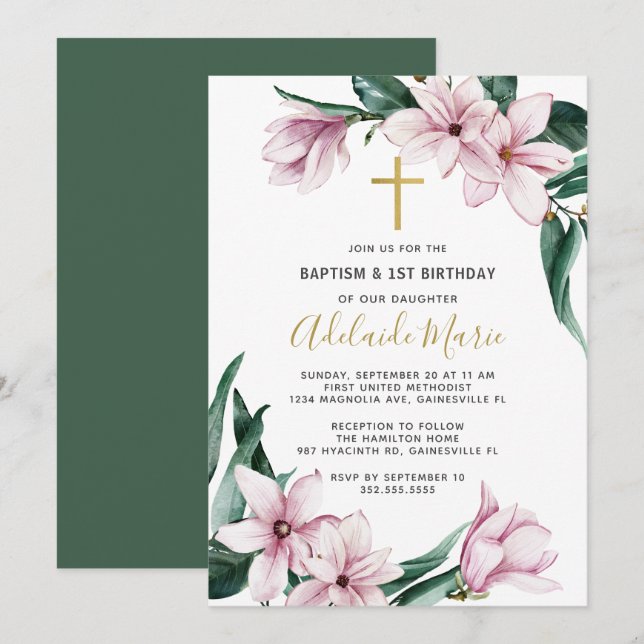 Invitación Bautismo floral y primer cumpleaños (Anverso / Reverso)