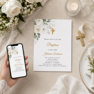 Invitación Bautismo flores blancas cruz dorada neutral