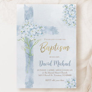 Invitación Bautismo flores de Hortensia azul acuarela cruz