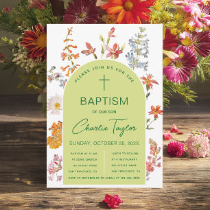 Invitación Bautismo Flores Silvestres Arco Verde Floral Bauti