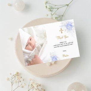 Invitación Bautismo florines azules foto oro niño gracias tar
