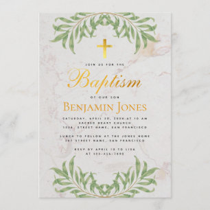 Invitación Bautismo Foliaje Cruz Dorada Falsa Caligrafía Márm