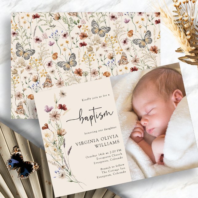 Invitación Bautismo Foto de Wildflower (Baptism Boho Wildflower Photo Invitation by Painted Paperie
)