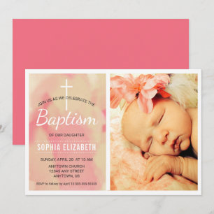 Invitación Bautismo fotográfico, color de agua rosado y oro