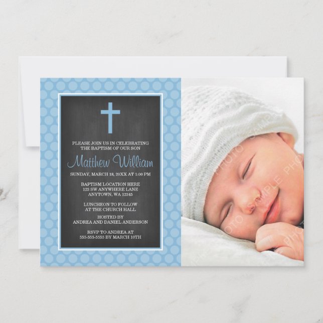Invitación Bautismo fotográfico con punto de polka azul (Anverso)