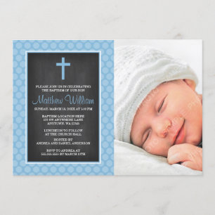 Invitación Bautismo fotográfico con punto de polka azul