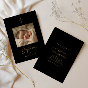 Invitación Bautismo fotográfico neutro con guión negro y oro