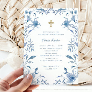 Invitación Bautismo   Fragmento floral azul y blanco Chinoise