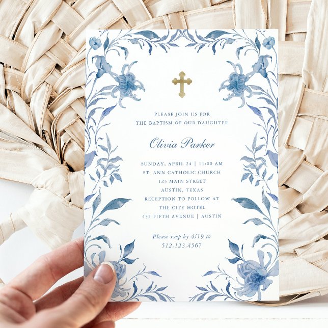 Invitación Bautismo | Fragmento floral azul y blanco Chinoise (Subido por el creador)