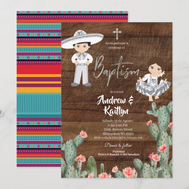 Invitación Bautismo gemelo de niño Chica chicarro de plata de (Anverso / Reverso)