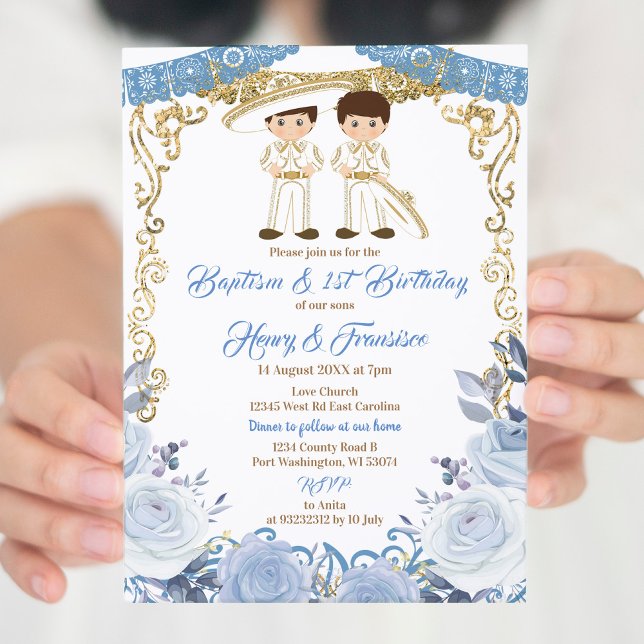 Invitación Bautismo gemelo mexicano Pastel Azul y primer cump (Subido por el creador)