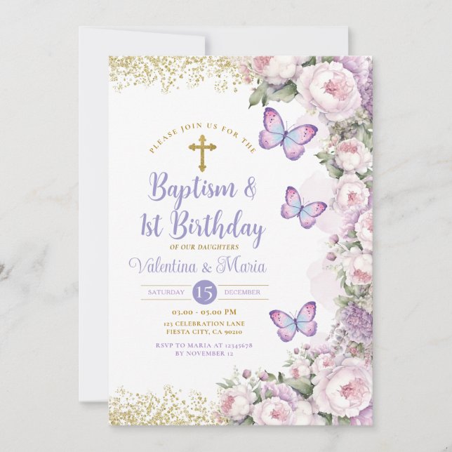 Invitación Bautismo gemelo y cruz morada de primer cumpleaños (Anverso)