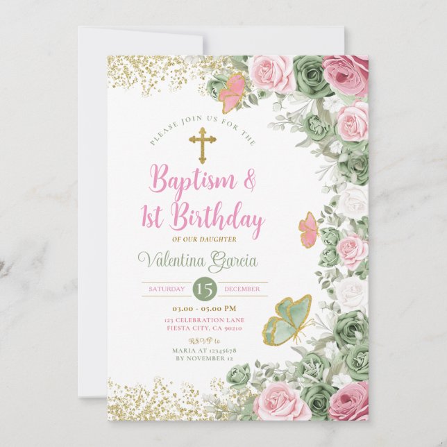 Invitación Bautismo gemelo y flor rosa verde de primer cumple (Anverso)