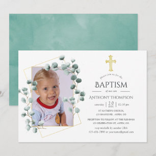 Invitación Bautismo geométrico eucalipto o cristianismo