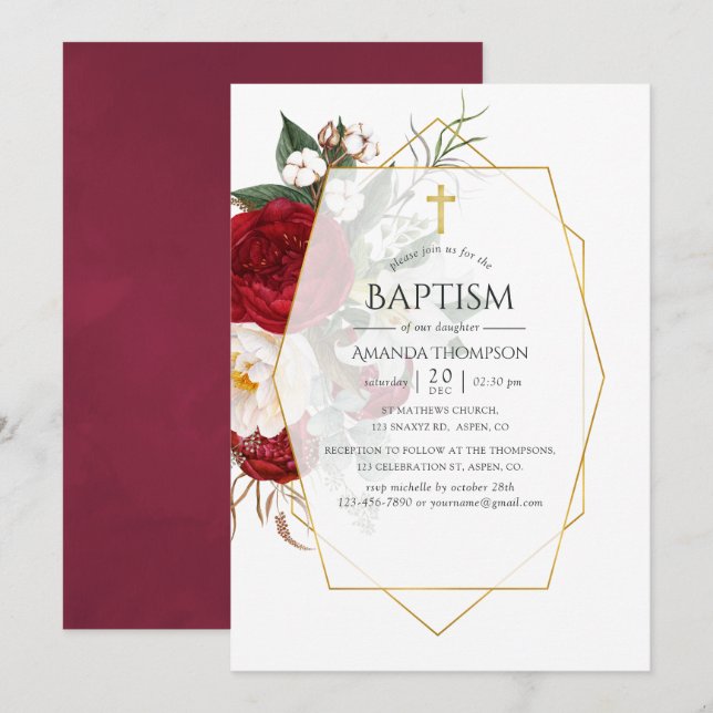 Invitación Bautismo geométrico floral blanco y borgoñés (Anverso / Reverso)