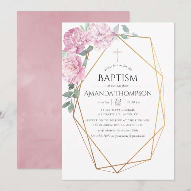 Invitación Bautismo geométrico floral rosa de Rubor o cristia (Anverso / Reverso)