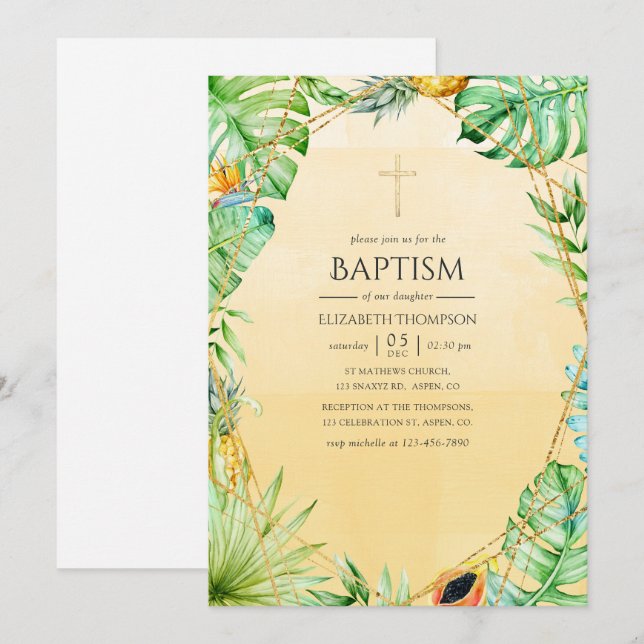 Invitación Bautismo geométrico tropical exótico (Anverso / Reverso)