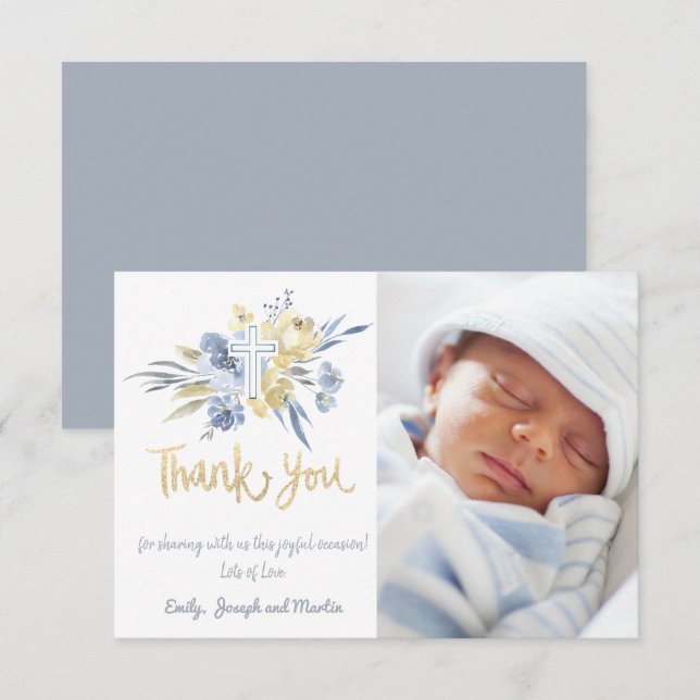 Invitación bautismo gracias bebé azul amarillo (Anverso / Reverso)