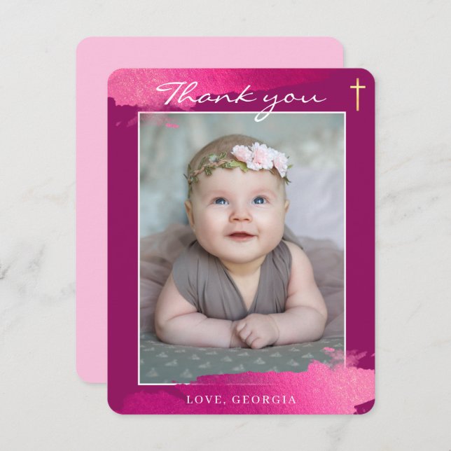 Invitación BAUTISMO GRACIAS cruz de papel de oro rosa oscuro (Anverso / Reverso)