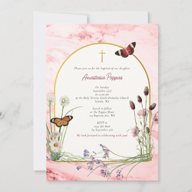 Invitación Bautismo griego bautizado Marble rosa Flor silvest (Anverso)