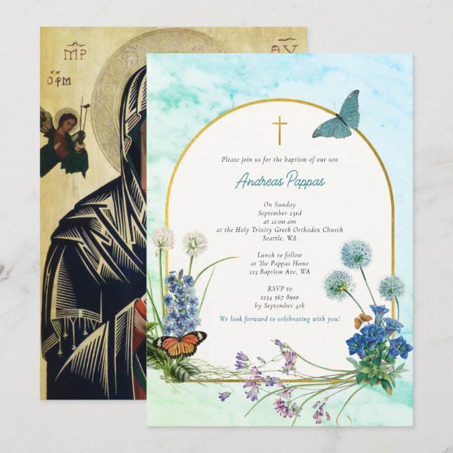 Invitación Bautismo griego Marble azul Flor silvestre (Anverso / Reverso)
