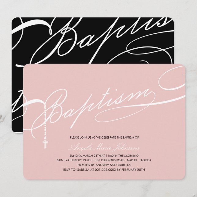 Invitación Bautismo guionado cruz Chica rosado  (Anverso / Reverso)