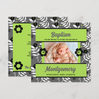 Invitación Bautismo infantil verde con monograma y foto