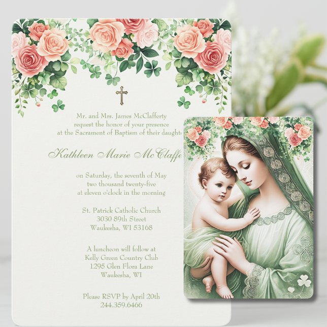 Invitación Bautismo irlandés Mary Jesus Shamrock (Subido por el creador)