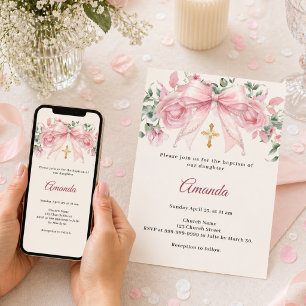 Invitación Bautismo Lazo Rosado Florales Marfil Niña Cruz