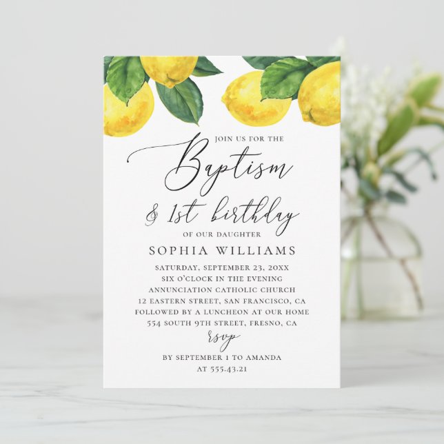 Invitación Bautismo limón y primer cumpleaños | Citrus acuare (Anverso de pie)